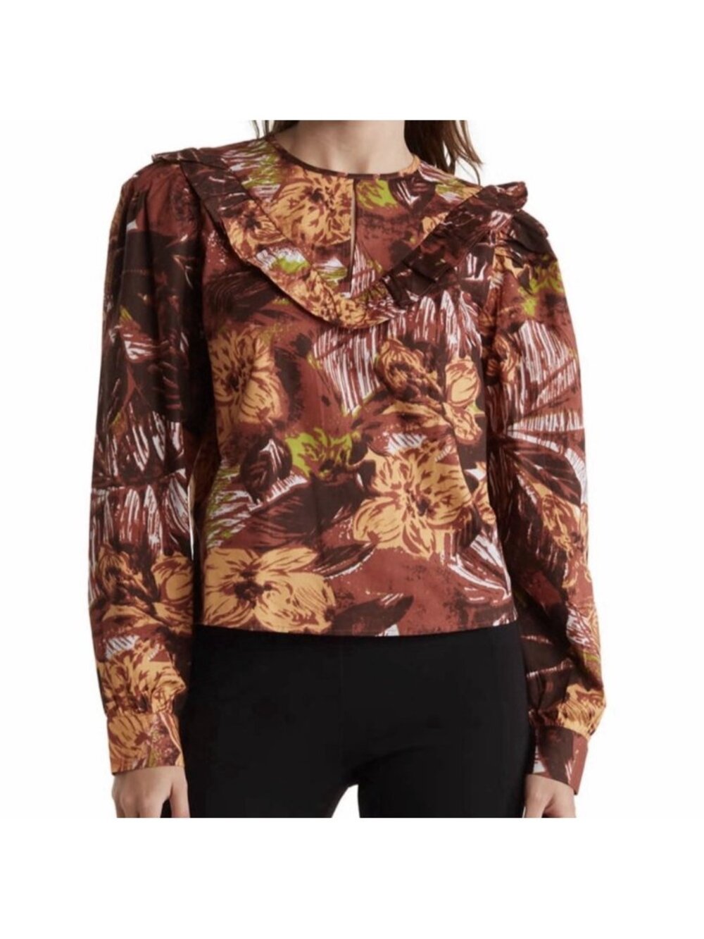 Walter Baker Jayden Brown Floral Print Long Sleeve Ruffle Cotton Blouse Top Sz L